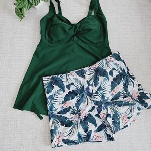 🍋Women's Two Piece Swimwear Green Tikini Tropical Floral Bottom Short XL
